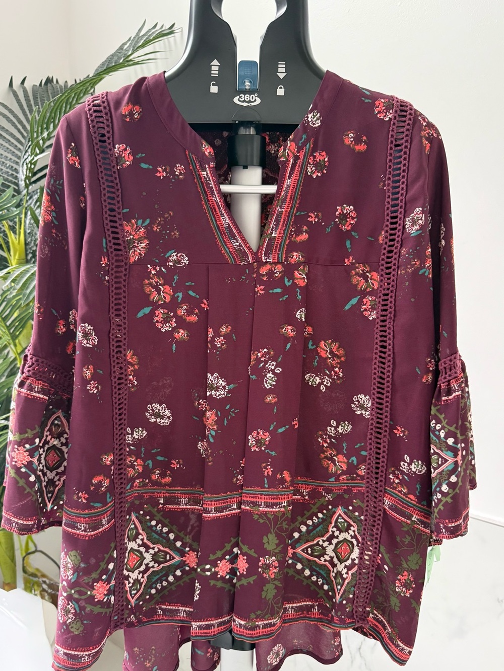 Knox Rose Plum Floral Split-Neck Crochet Trim Blouse